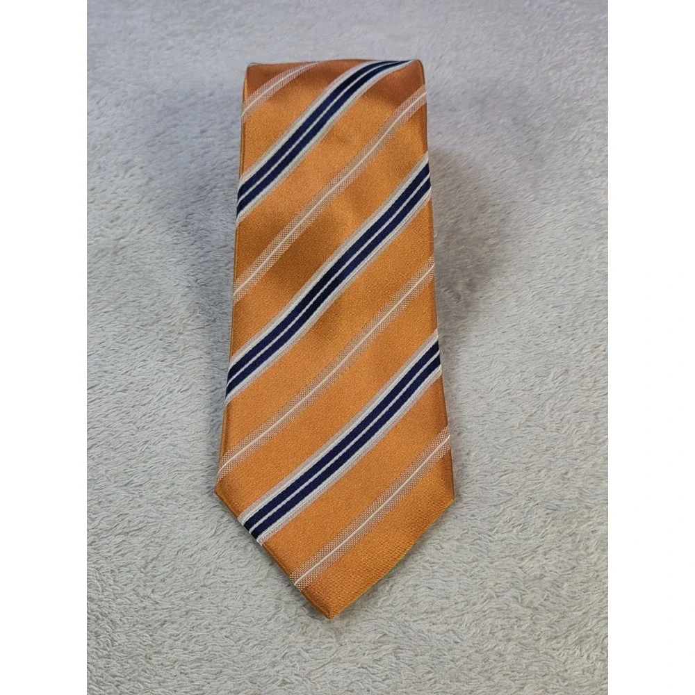 Geoffrey Beene 100% Silk Tie Orange Blue Striped Classic Width Mens Necktie...